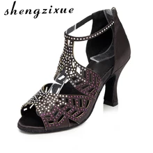 Shengzixue/туфли для латинских танцев; Размеры 4-11; женские туфли-светильник из атласа высокого качества; цвет винный красный; каблук 85 мм; мягкая подошва