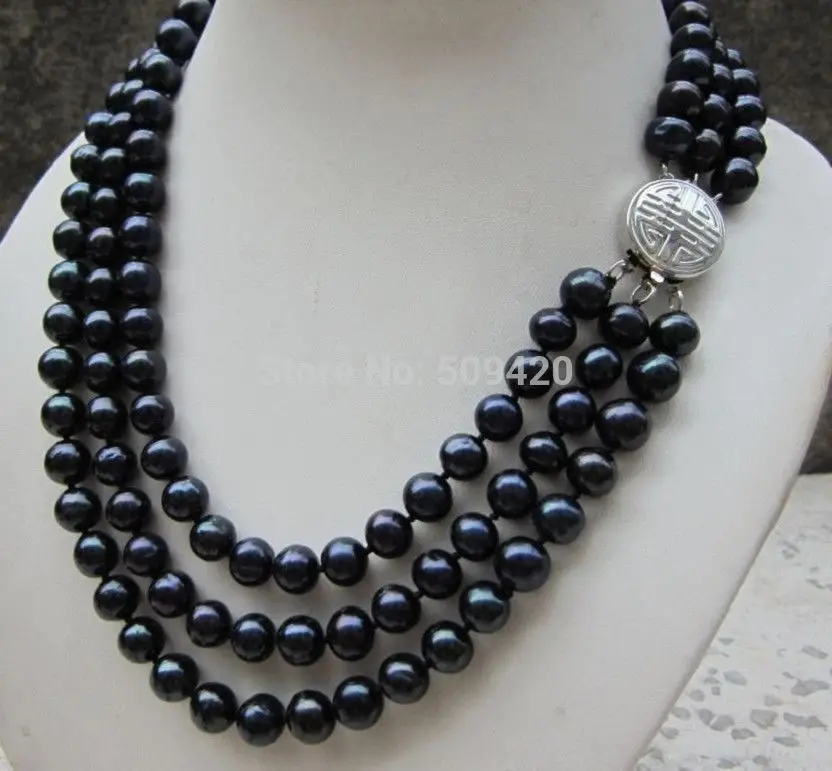 

Free Shipping 3 ROW 9-MM BLACK VERY PERFECT NATURAL TAHITIAN PEARL NECKLACE 18