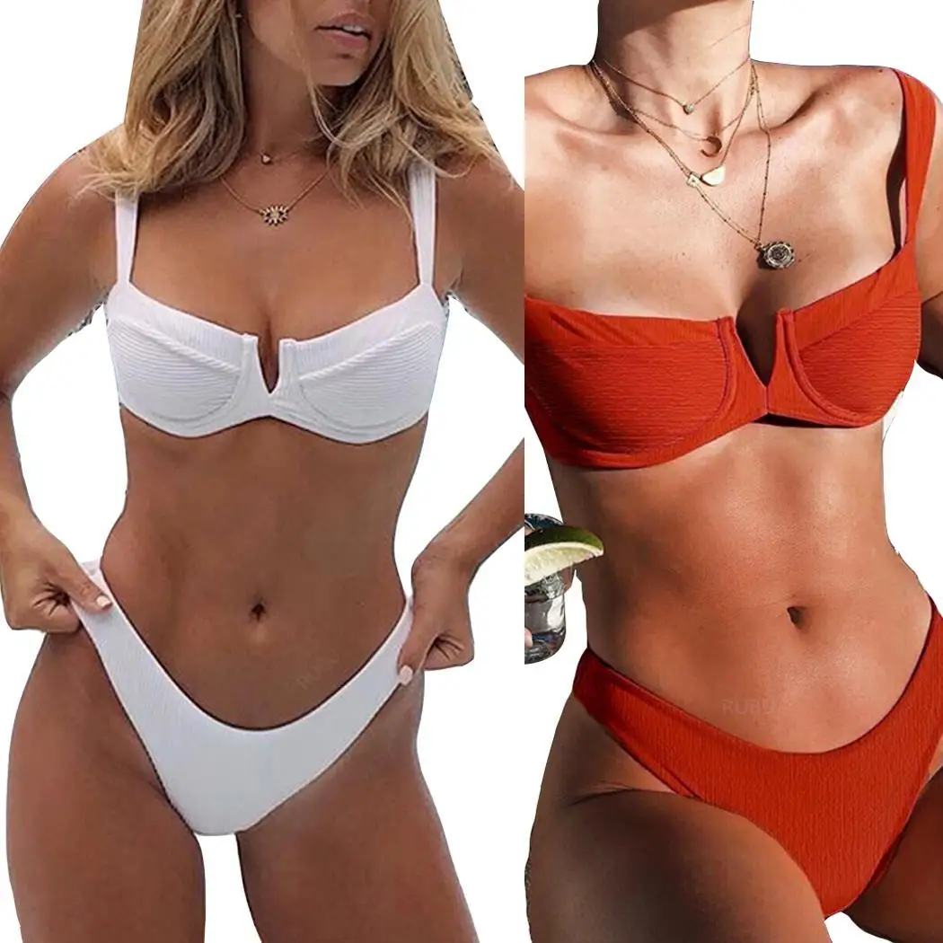 

Women Summer Solid Color Push-up Bra Swimsuit Two Slim Casual, Beach, Pool Pieces Bikini Under Wire Set Padded