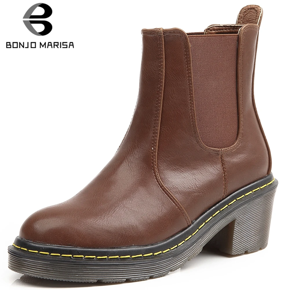 

BONJOMARISA Hot Sale 2019 New Fashion Shoes Woman Boots Female Elastic Band Chunky Heels Platform Ankle Boots Woman Shoes