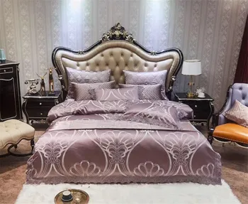

Premium Jacquard Lace Edge Duvet cover Bedding Set Luxury Purple Satin Like Silk and Cotton Flat sheet Bedspread Pillow shams