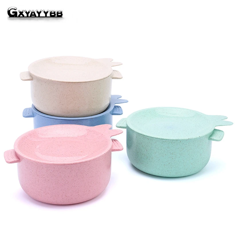 

GXYAYYBB 1Pcs Round Wheat Straw Kids noodles Bowls With Lids Hot Rice Soup Food Container Tableware Kitchen Gadgets Accessories
