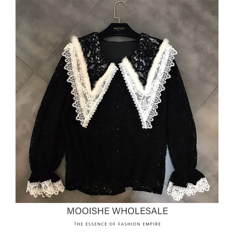 

2019 Spring New Lapel Long-sleeved Lace Trimming Woman Doll Shirt Female Tops