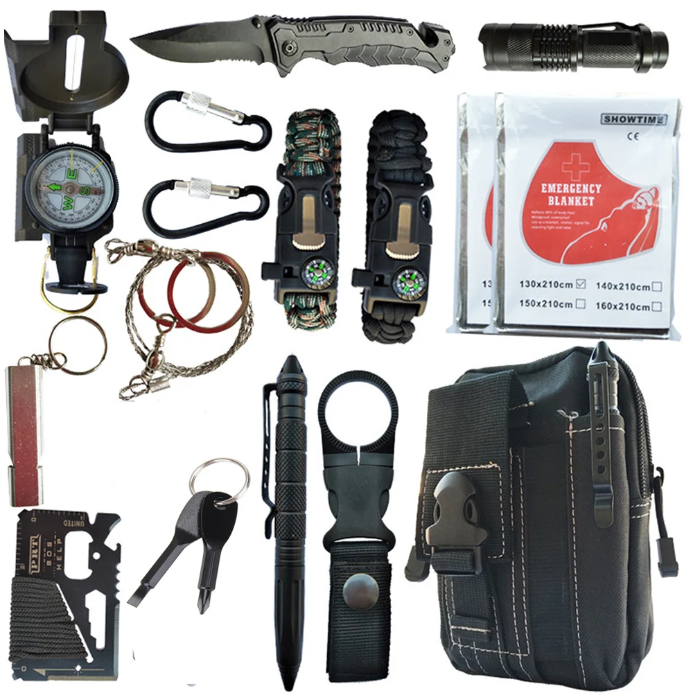 Billige 16 in1Emergency Überleben kit Getriebe multi werkzeug First Aid Kit Outdoor Camping ausrüstung Überleben Pfeife Taschenlampe Tactical pen