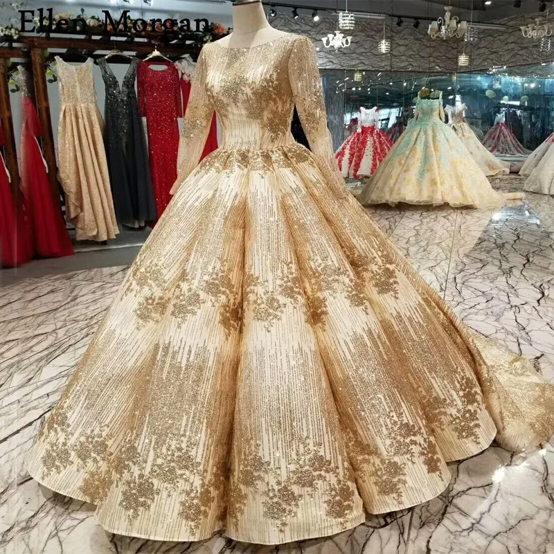 Gold Glitter Lace Wedding Dresses 2019 Elegant Boat Neck Long