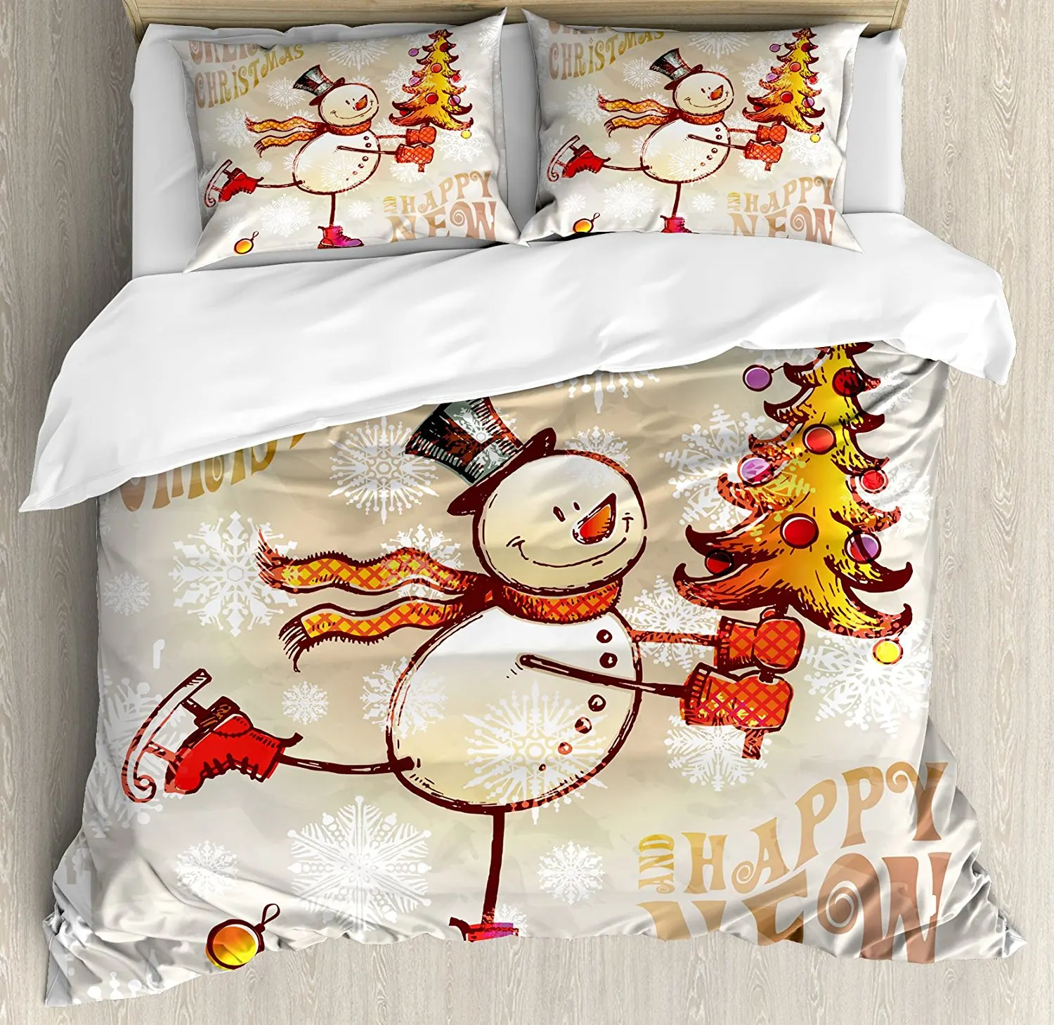 

Christmas Duvet Cover Set Skating Happy Snowman with Christmas Tree Cheerful Hand Drawn Ornate Snowflakes 4 Piece Bedding Set
