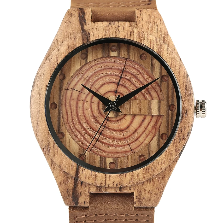 Retro Zebra Wood Watch Men's Annual Ring Round Dial Clock Male Quartz Wristwatch Soft Brown Genuine Leather Band Watches for Men (4)