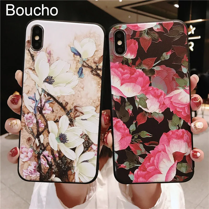 

Boucho Relief Plant Rose Flower Phone Cases For iPhone XS MAX 5 5s SE Soft TPU Cover For iphone XR X 6 6S 7 8 Plus Silicone Case