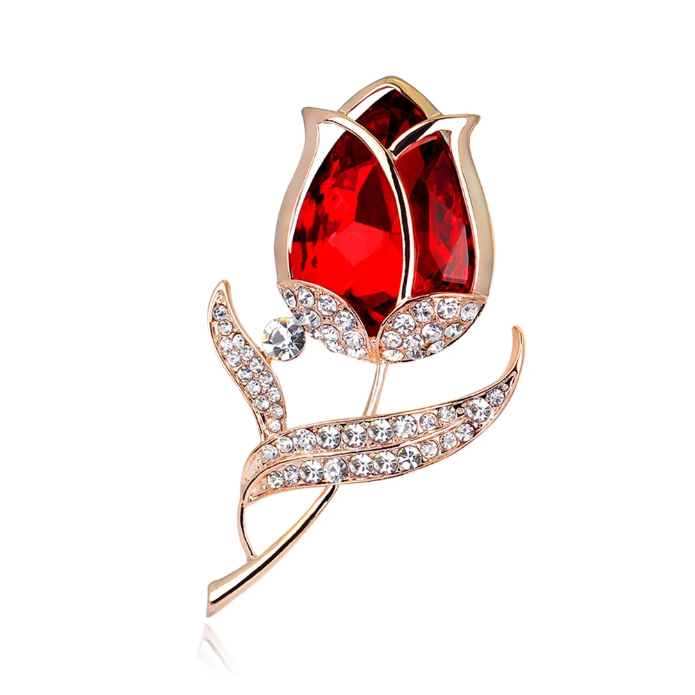 

Fashion Accessories Red Rose Crystal Flower Brooch Pin Rhinestone Alloy Brooches For Women Birthday Gift
