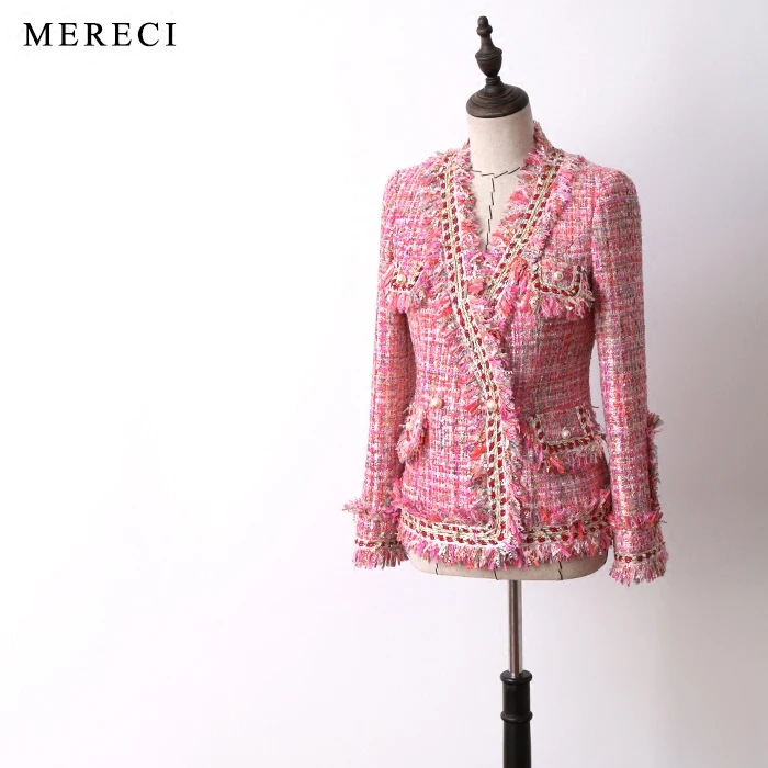 

New beauty lay his spring/summer big elegant pearl clasp pink knitting small sweet atmosphere quality, and the short coat