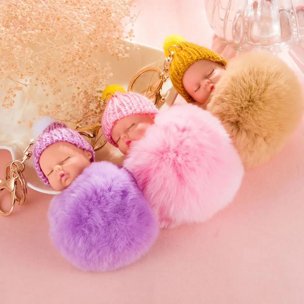 

Cute Fluffy Pompom Sleeping Baby Key Chain Faux Rabbit Fur Pom pon Knitted Hat Baby Doll Keychain Car Keyring Toy New Year Gifts