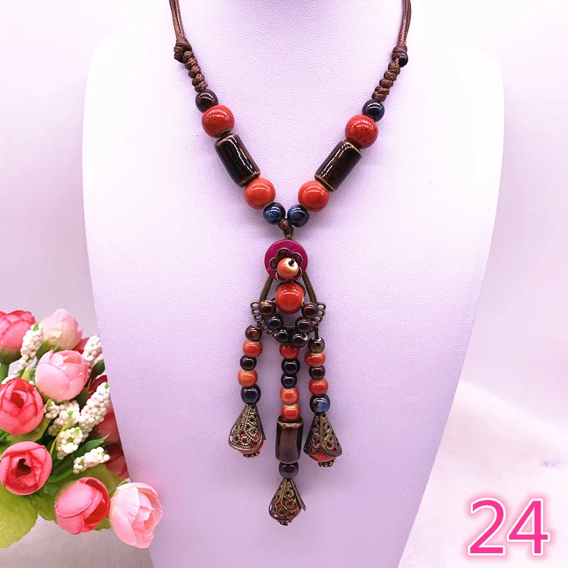 Модное этническое ювелирное изделие традиционные украшения ручной работы Плетение восковой веревки керамическое ожерелье с керамическими бусинами длинное ожерелье# A - Окраска металла: 24