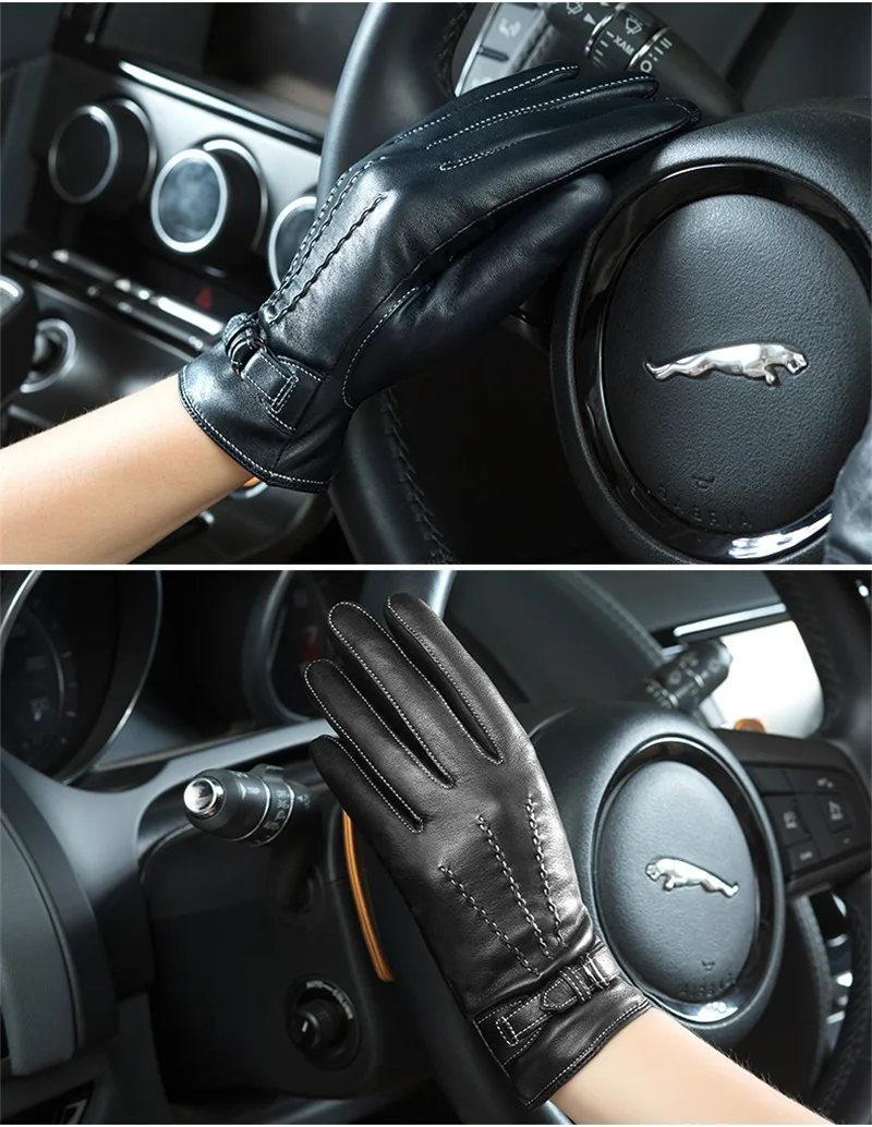 Женские перчатки из натуральной кожи, модные перчатки из овчины, осенне-зимние теплые перчатки с бархатной подкладкой, перчатки для вождения, NW707-5