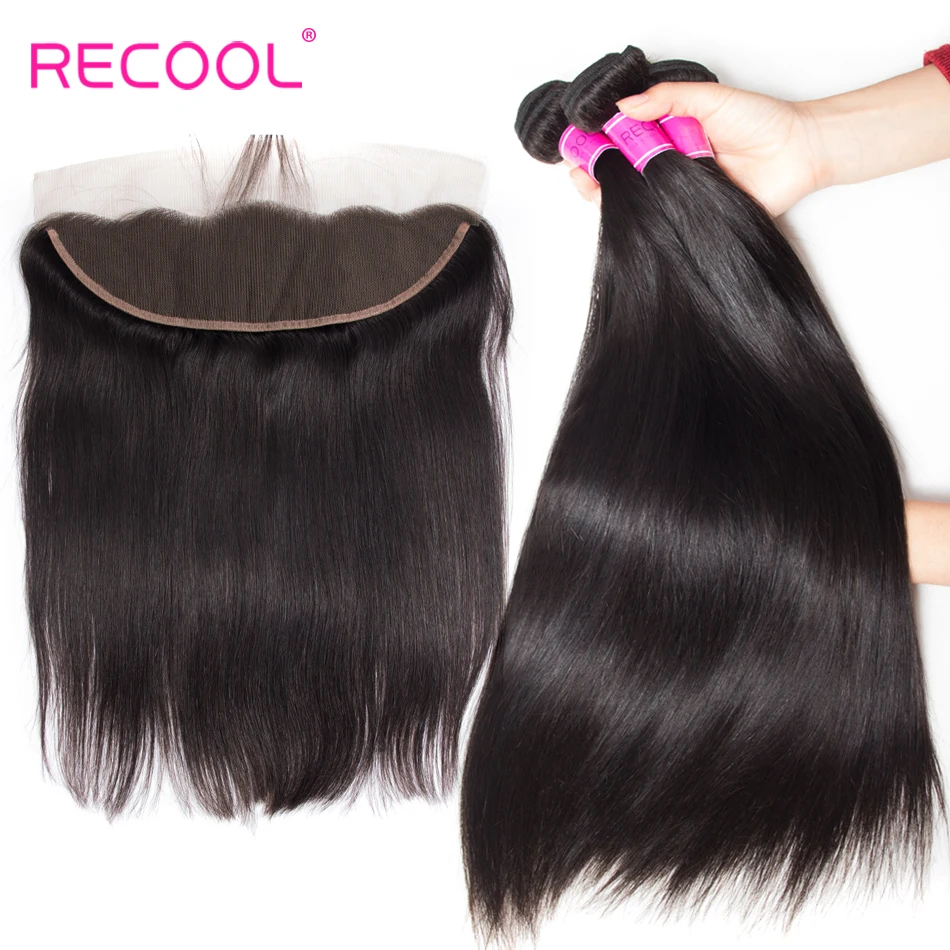 

Recool Hair Peruvian Straight Hair Bundles With Frontal 3 Bundles With Lace Frontal Closure Natural Color Remy Human Hair