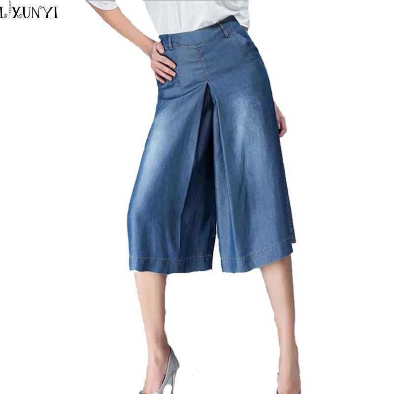 

Summer 2017 Thin FashionTencel Jeans Women Mid -Waist Wide leg Pants Europe Style Plus Size loose Casual Capri  M-4XL