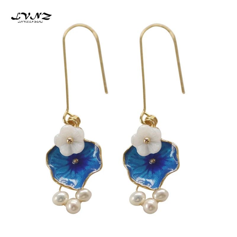 

LVNZ 2019 New Hot Fashion Flower Freshwater Pearls Shell Flower Enamel Drop Earrings For Women Feautiful Girl Jewelry 7081b