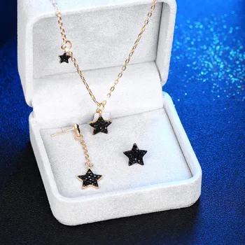

Sweet Cute Small Shiny Black Star Necklace Jewelry Set For Women Korean Style Temperament Choker Asymmetrical Earrings EA+NE