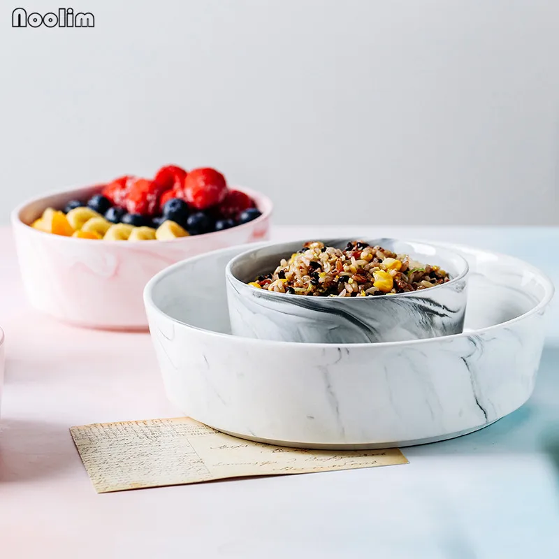 

NOOLIM European Creative Marbled Fruit Salad Bowl Minimalist Personality Household Ceramic Bowl Rice Bowl Round Large Soup Bowl