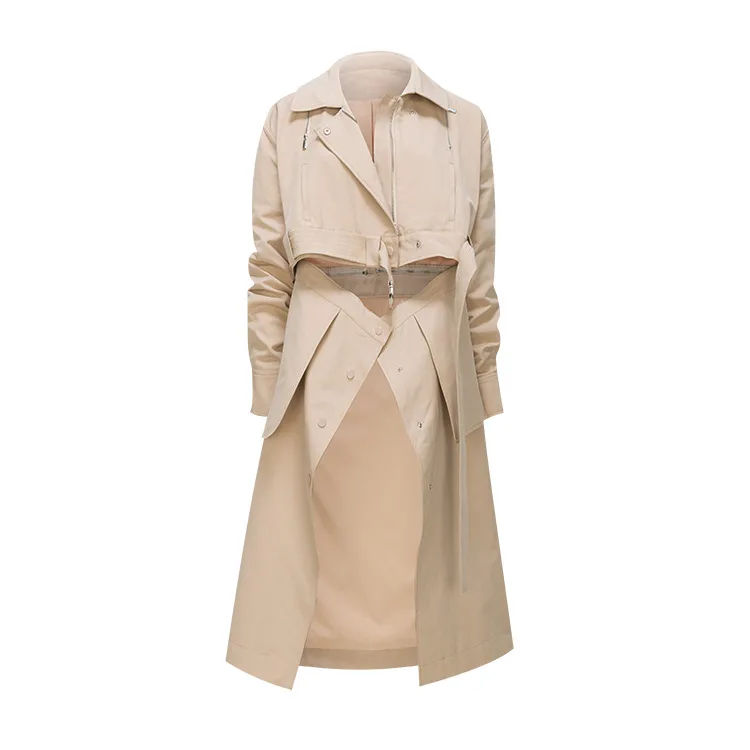 Пальто для женщин, хлопковый длинный Тренч, однобортное пальто, Женская Весенняя съемная верхняя одежда цвета хаки с поясом, свободная JF155