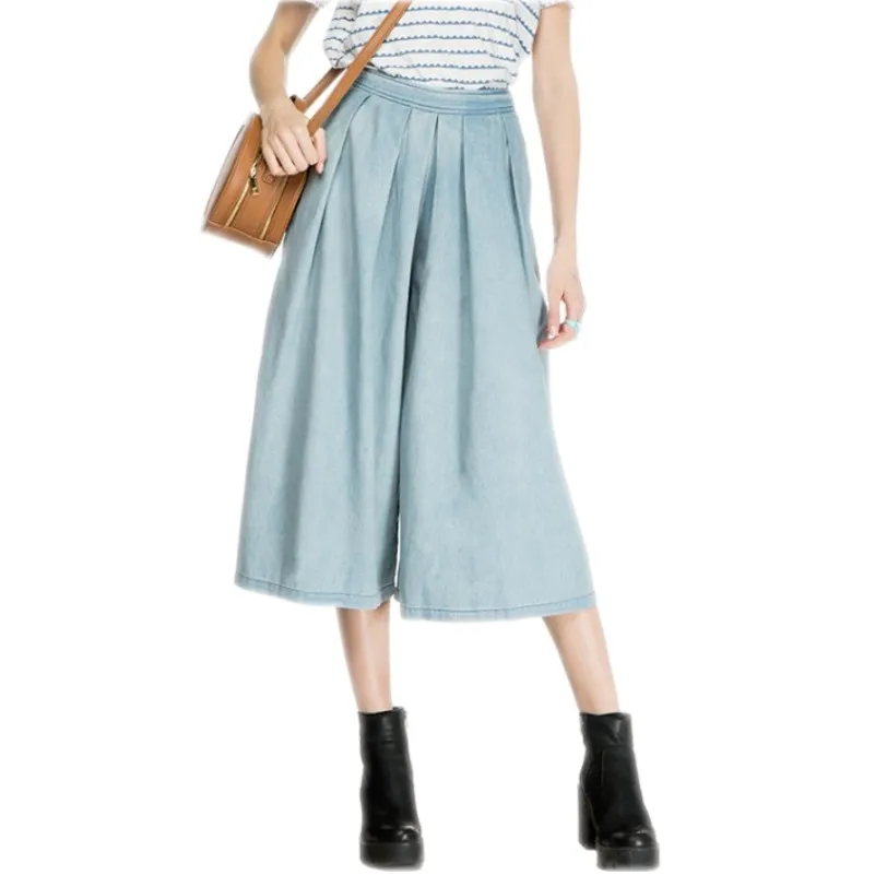 

2016 New Plus Size Girls Womens Vintage High Waist Pleated Loose Wide Leg Palazzo Cropped Denim Pants Casual Jeans Trousers