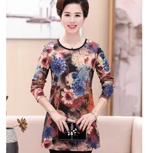 Осенние и зимние модели для матери среднего возраста с принтом и бархатной утолщенной длинной футболкой P6242