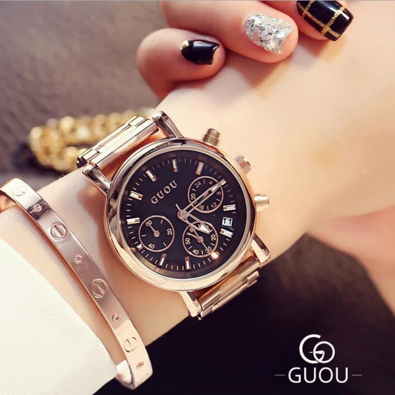 

GUOU Top Brand Luxury Rose Gold Watch Women Watches Auto Date Women's Watches Ladies Watch Clock relogio feminino montre femme