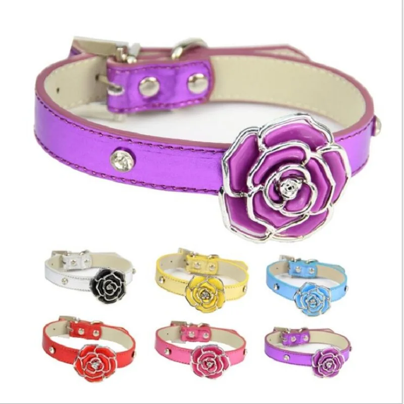 

(1 pieces / lot) Leather Dog Collar Pink Red Blue Gold Purple Sliver Soft PU Leather Material Plastic Flower dog collar