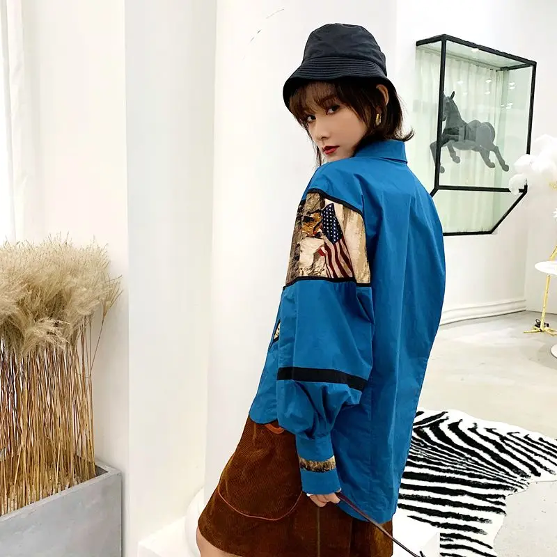  Cheerart Vintage Womens Tops And Blouses Pop Patchwork Blue Oversized Shirt Long Sleeve Loose Blous