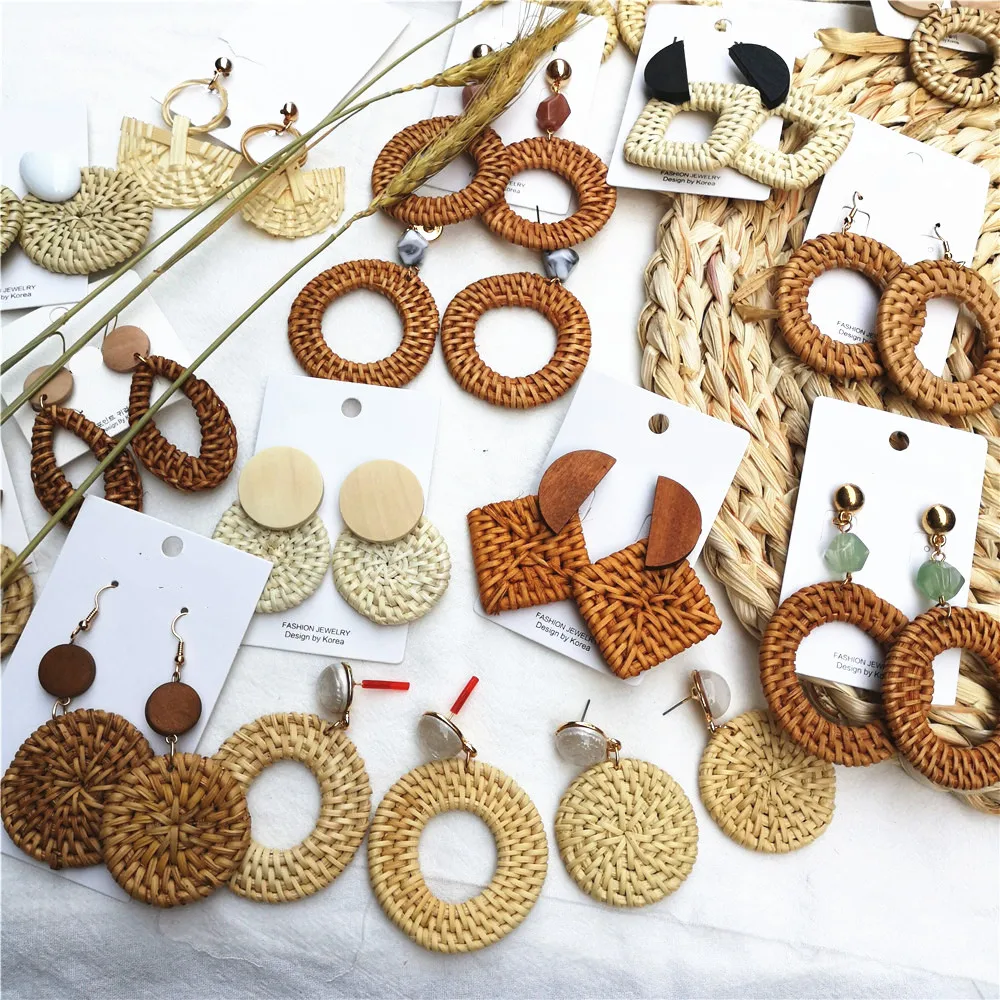 

NEW Korea Bamboo Wooden Straw Weave Rattan Knit Vine Geometric Circle Square Long Drop Earrings for Women Girl Beach Jewelry