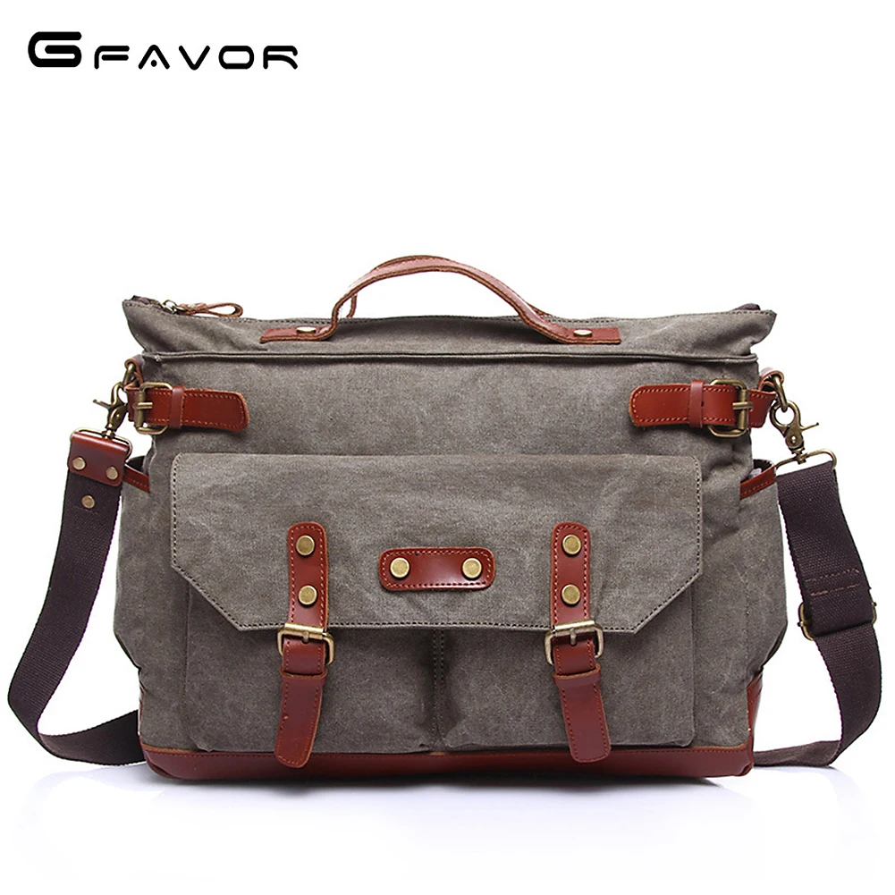 

G-FAVOR Retro Mens Messenger Bags Canvas&Crazy Horse Leather Laptop Case Business Handbag Men Casual Travel Bag Male Briefcase