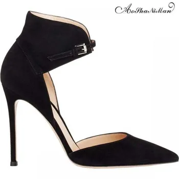 

2019 Newest Classics women high heels summer shoes Fashion black pointed toe sandals 100% real leather suede dress shoes 34-41