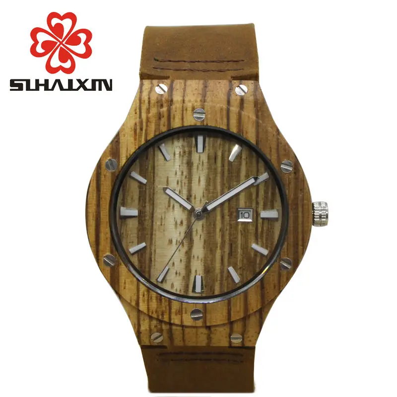 

SIHAIXIN Mens Watches Top Brand Luxury Wood Relogio Masculino Leather Bamboo Wooden Man Watch With Date Gift For Male #
