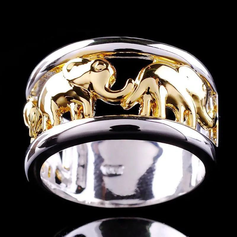 

YWOSPX 2019 Bohemian Male Ring Gold and Silver Color Elephant Rings for Men Wedding Anel Engagement Statement Anillos Bijoux