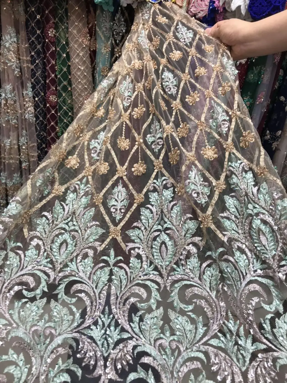 

luxury african tulle lace fabric with beads good looking JIANXI.C-1815 french net lace 5yards/lot with best quality