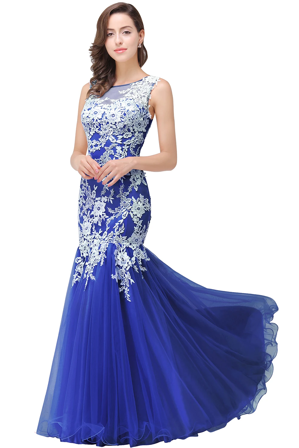Реальное фото русалка белое кружево Королевский синий длинное вечернее платье Элегантное Длинное Вечернее Платье