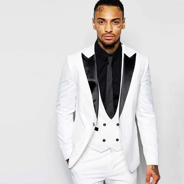 

White Men Suits For Wedding Black Peaked Lapel Groom Tuxedos Best Man Party Prom Suits Slim Fit Terno Masculino Costume Homme