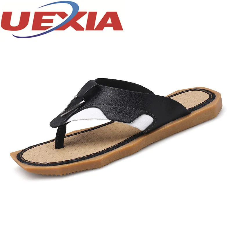 Summer Mens Breathable Flat Flip Flop Slippers Outdoor Casual Pu Leather Beach Slippers Men