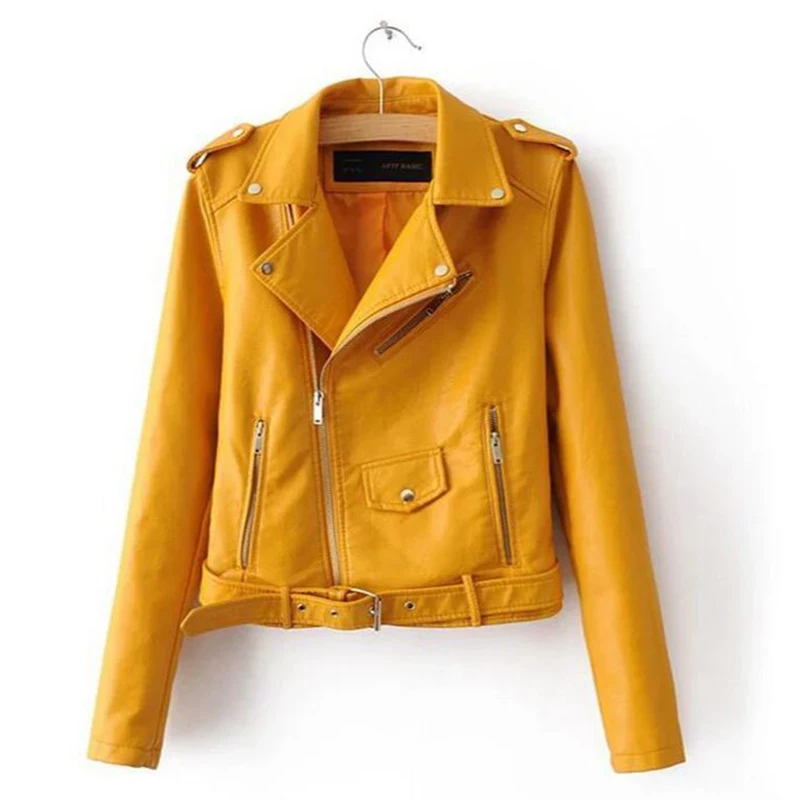 

Womens Jackets fashion PU Biker Button Up Collar Short Coat Punk Autumn Ladies Motorcycle Jacket Zip Crop Belted