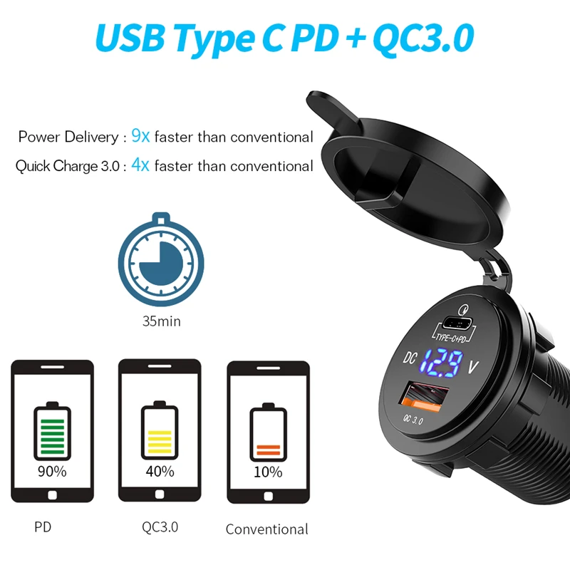 MICTUNING 36 Вт Быстрое PD USB-C автомобильное зарядное устройство USB быстрая зарядка PD QC3.0 type C розетка W/светодиодный цифровой вольтметр универсальная розетка