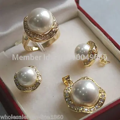 

Hot sale FREE SHIP>>10mm &14mm White South sea Shell Pearl Earrings Ring Necklace Pendant Set