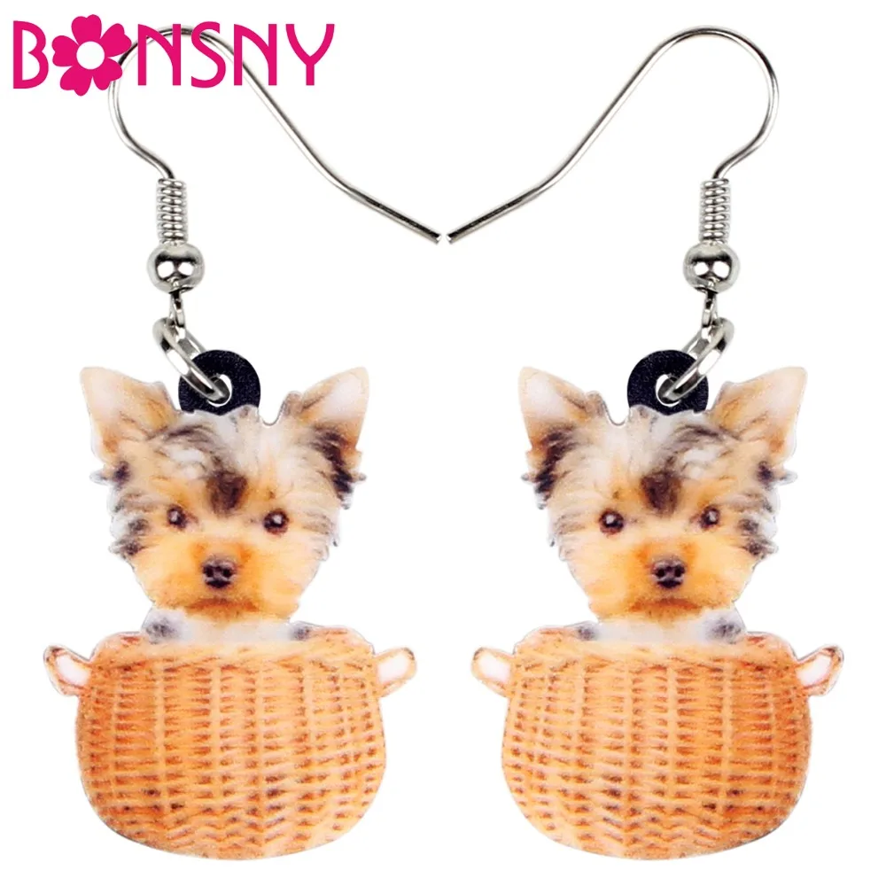 

Bonsny Acrylic Sweet Basket Of Tiny Yorkshire Terrier Dog Earrings Dangle Drop Cartoon Animal Jewelry For Women Girls Wholesale