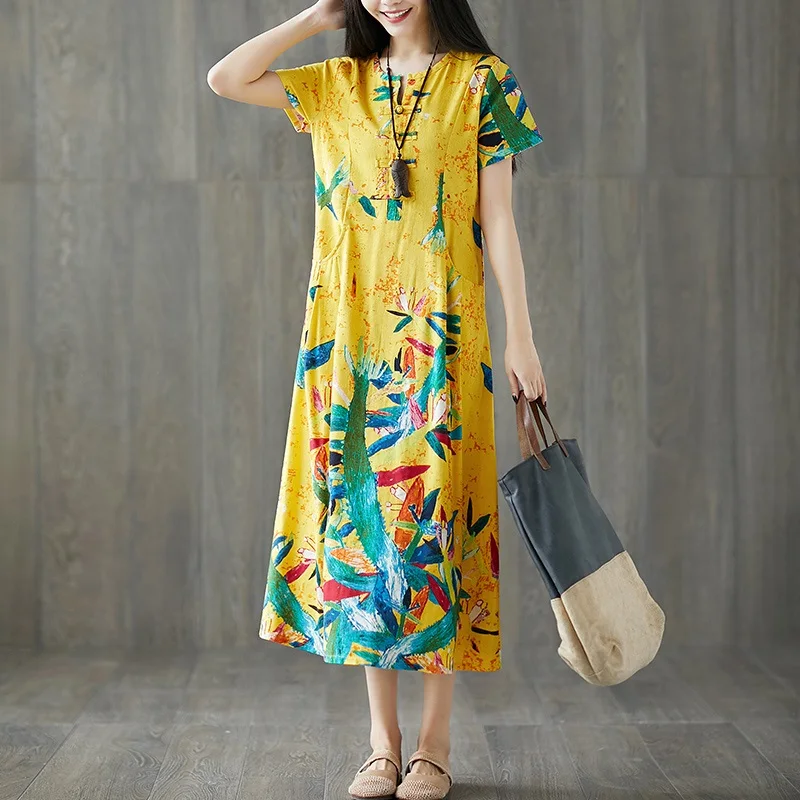 cotton linen plus size vintage floral women casual loose long summer dress elegant vestidos clothes ladies dresses sundress - Цвет: Цвет: желтый