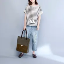 Новая женская хлопковая льняная футболка с короткими рукавами в полоску, улыбающийся Кот, футболка с принтом s, Повседневный Женский o-образный вырез, свободные женские кофты, футболки