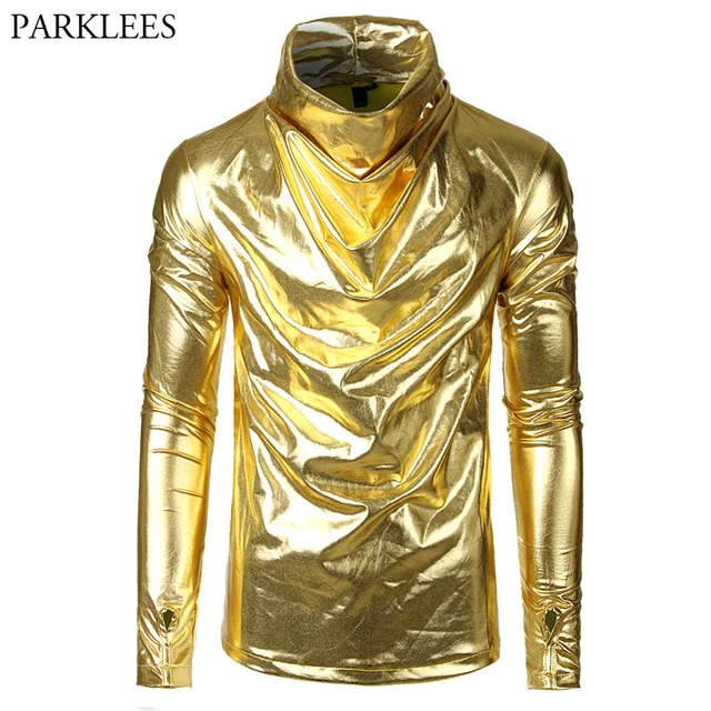 Shiny Gold Metallic Coated T Shirt Men Turtleneck Thumb Holes Cuffs ...