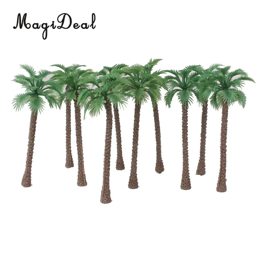 10Pcs Green Plastic Model Trees Artificial Palm Trees Rainforest Beach Sea Scenery Layout Landscape Toys for Children 1:65 14cm