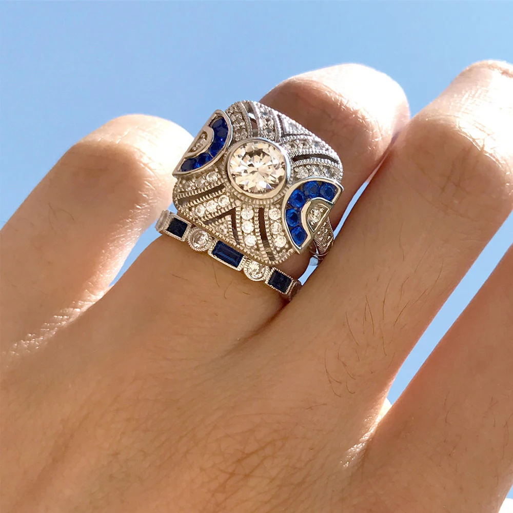 

Double Fair Vintage Square Hollow Blue Cubic Zirconia White Gold Color 2 PCS Ring Set For Women Gift Fashion Jewelry KAR269