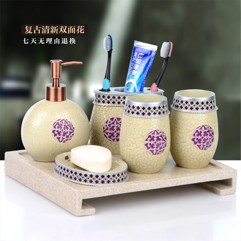 

2016 Hot Sale Rushed Resin Banheiro Bathroom Suite Five Piece Luxury European Wash Gargle Cup Yagang Wedding Housewarming Gift