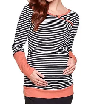 

Women New Mom's Spring O-Neck Long Sleeve Tee Tops Striped Patchwork Easy Breast-Feeding Nursing Loose Cotton Blusas T-Shirts