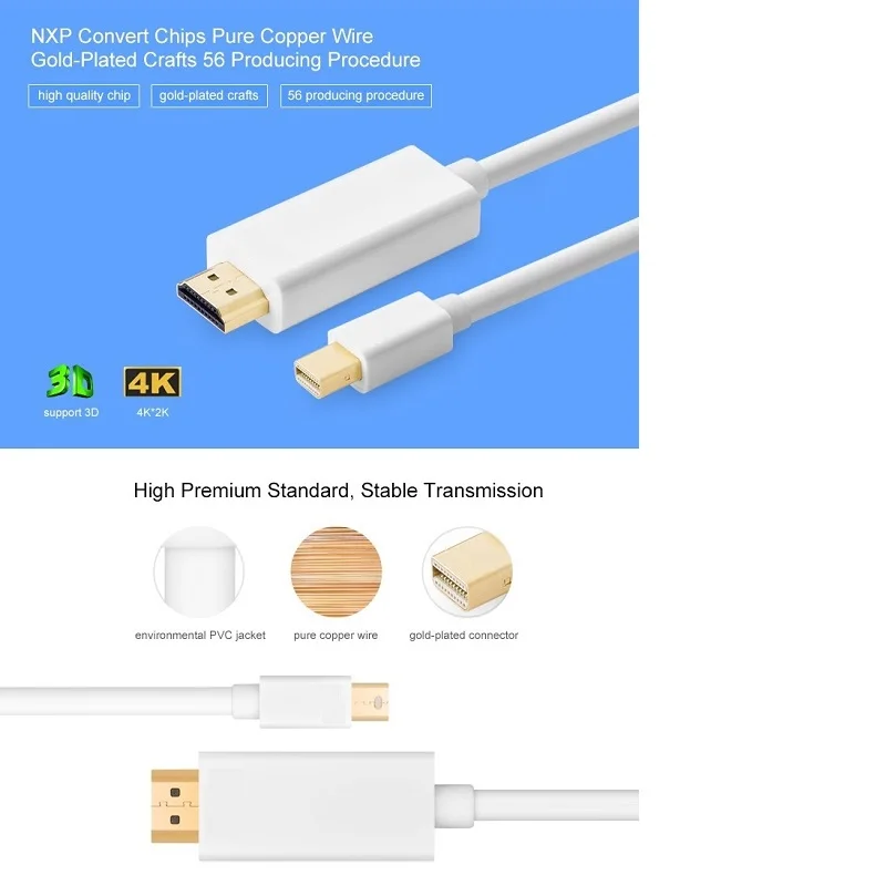 100 шт/партия дисплей Thunderbolt Mini DP к HDMI кабель штекер к мужской адаптер для Macbook Pro Air проектор камера ТВ Поддержка 4 K* 2 K