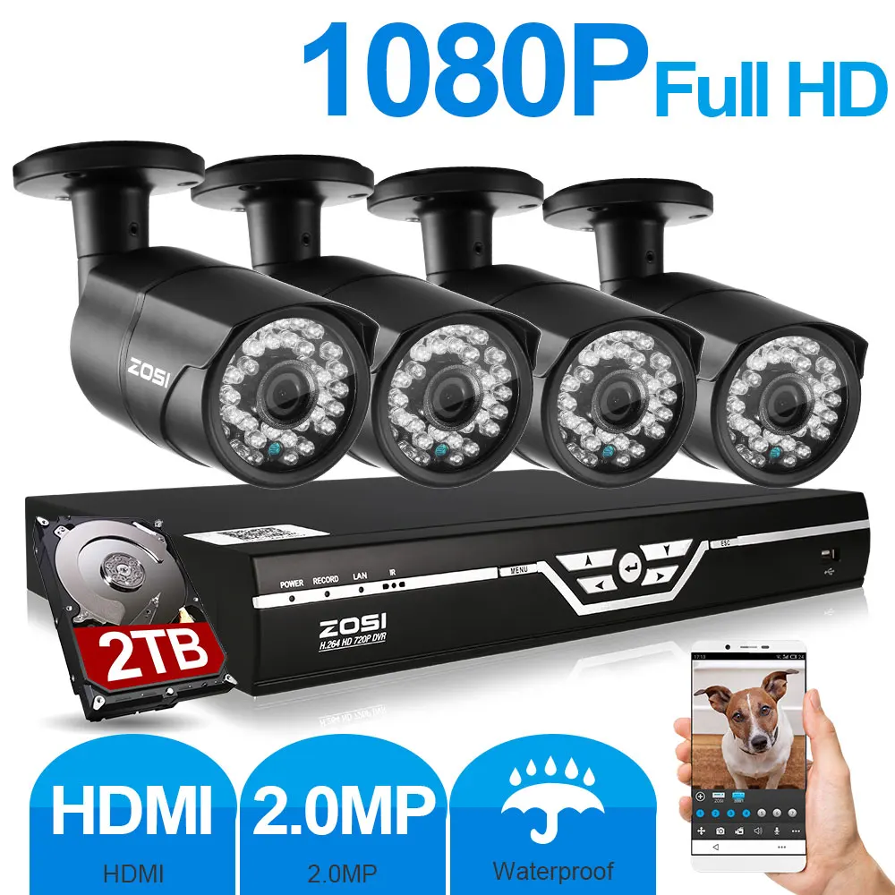  ZOSI 4CH 1080P HDMI P2P DVR Surveillance System Video Output 4PCS 2000TVL 2.0MP IP Camera Home Security CCTV Kits 2TB HDD 